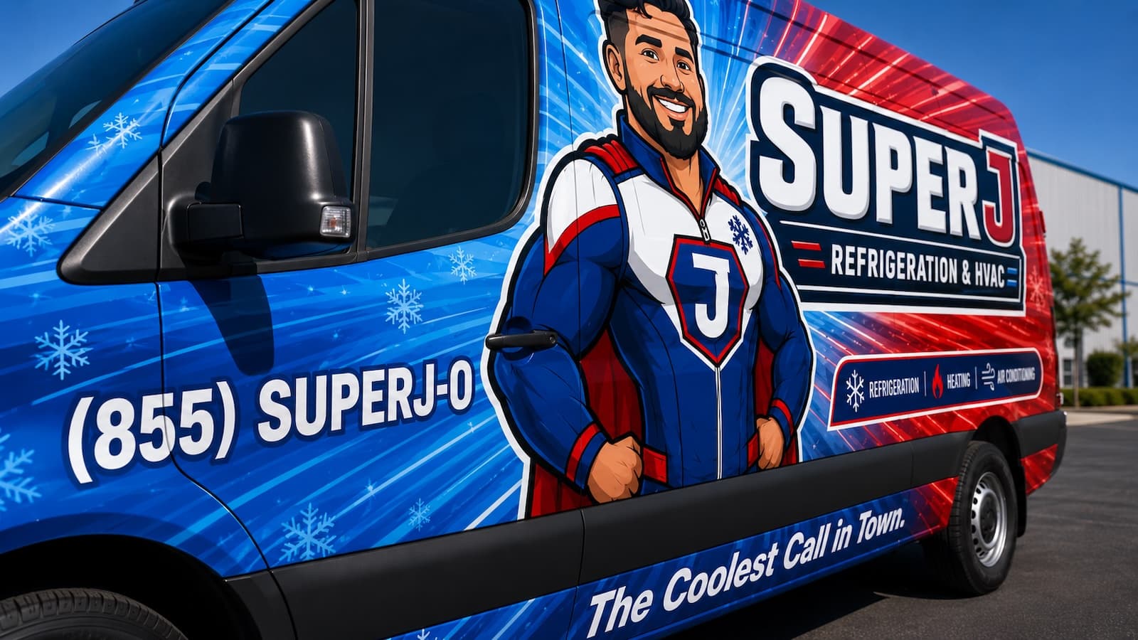 Close view of the Super J service van and refrigeration branding