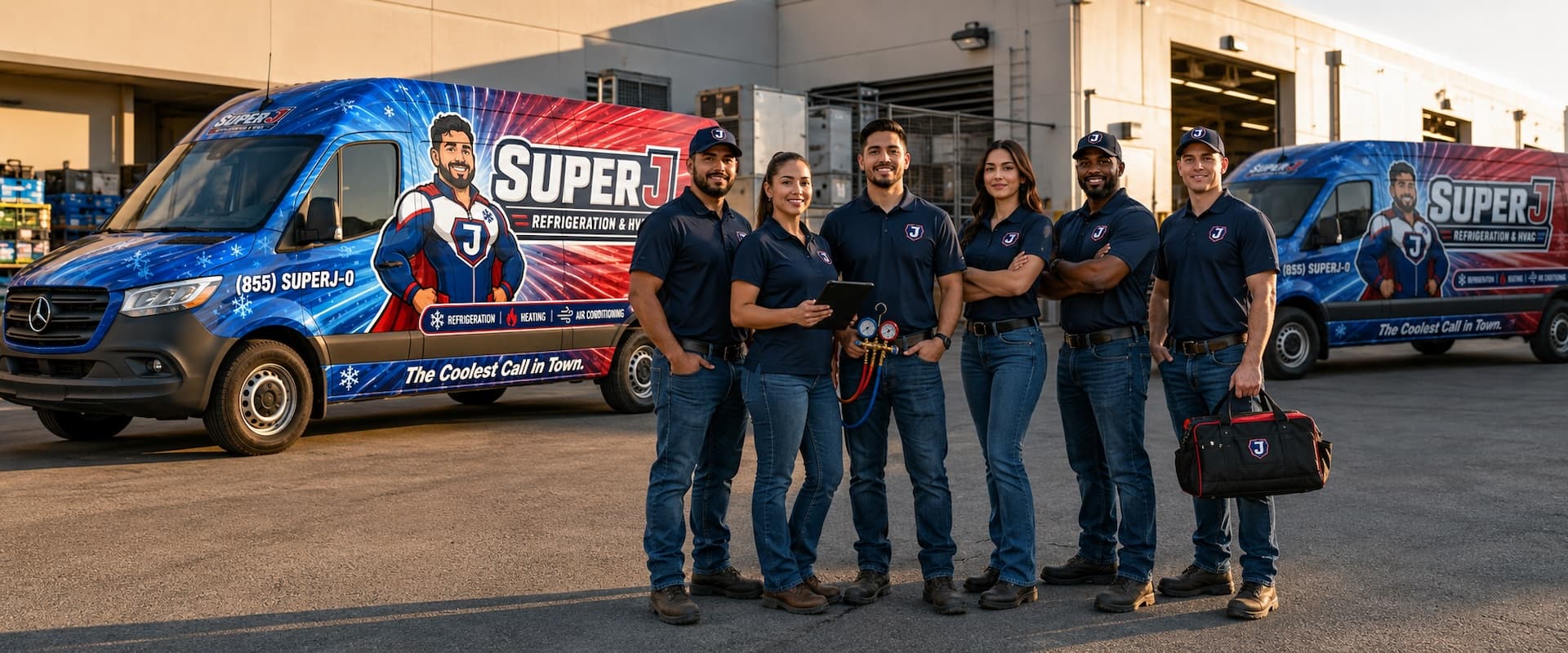Super J service team standing in front of branded service vans