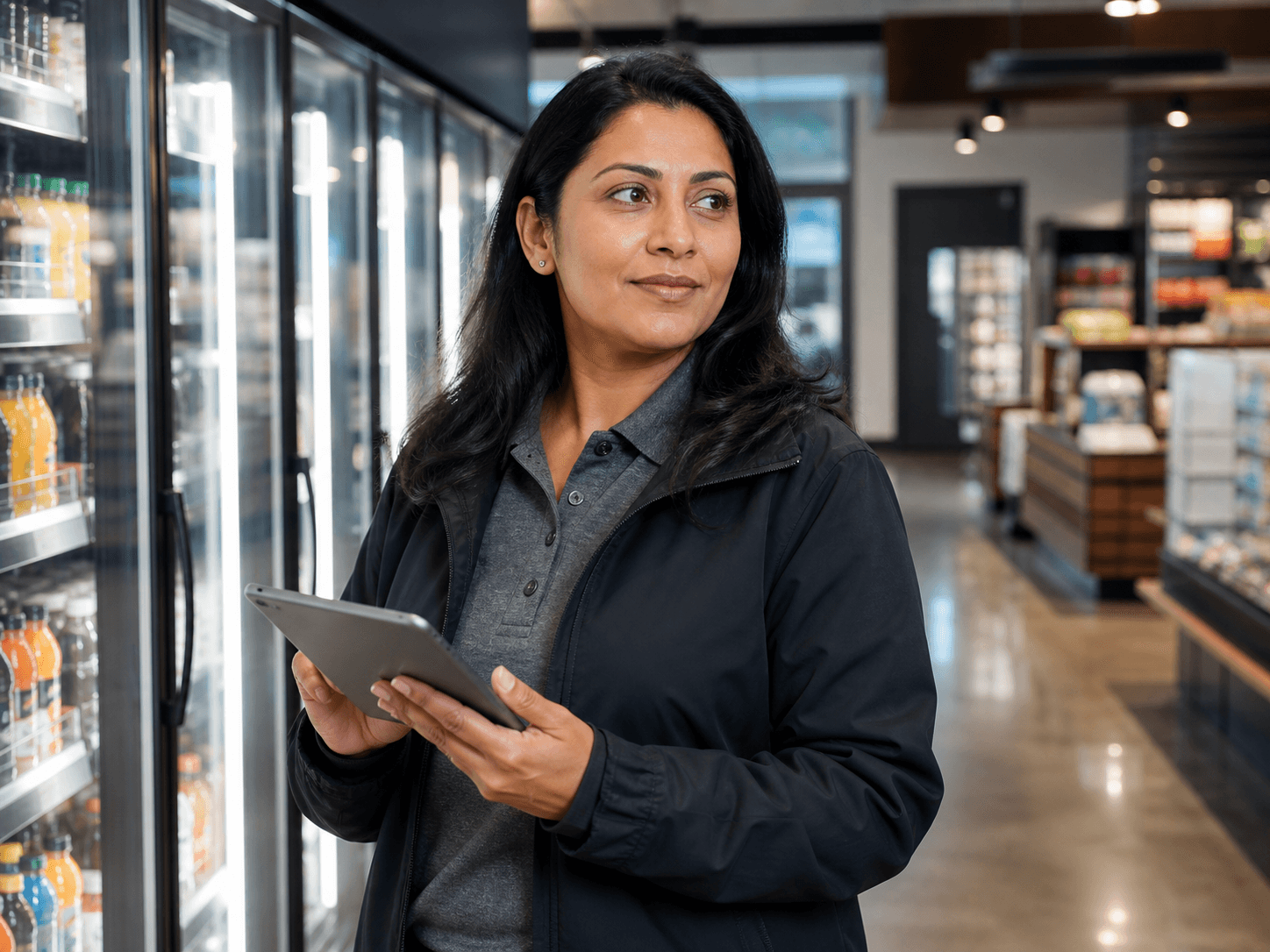 Representative portrait of a convenience-store facilities manager beside refrigerated cases