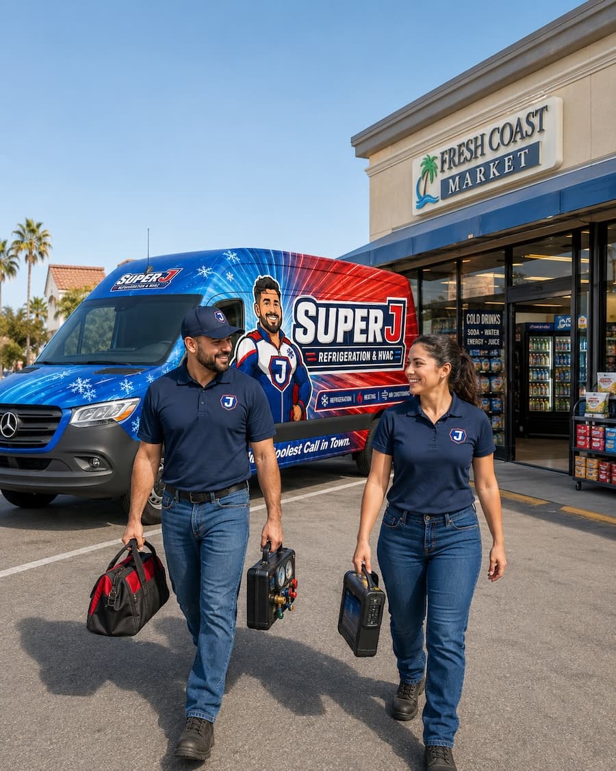 Two Super J technicians arriving at a market with service equipment