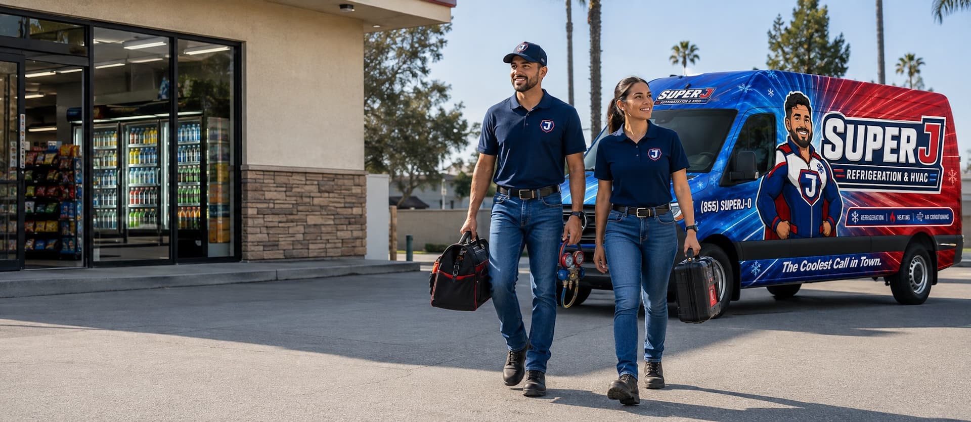 Two Super J technicians arriving at a convenience store